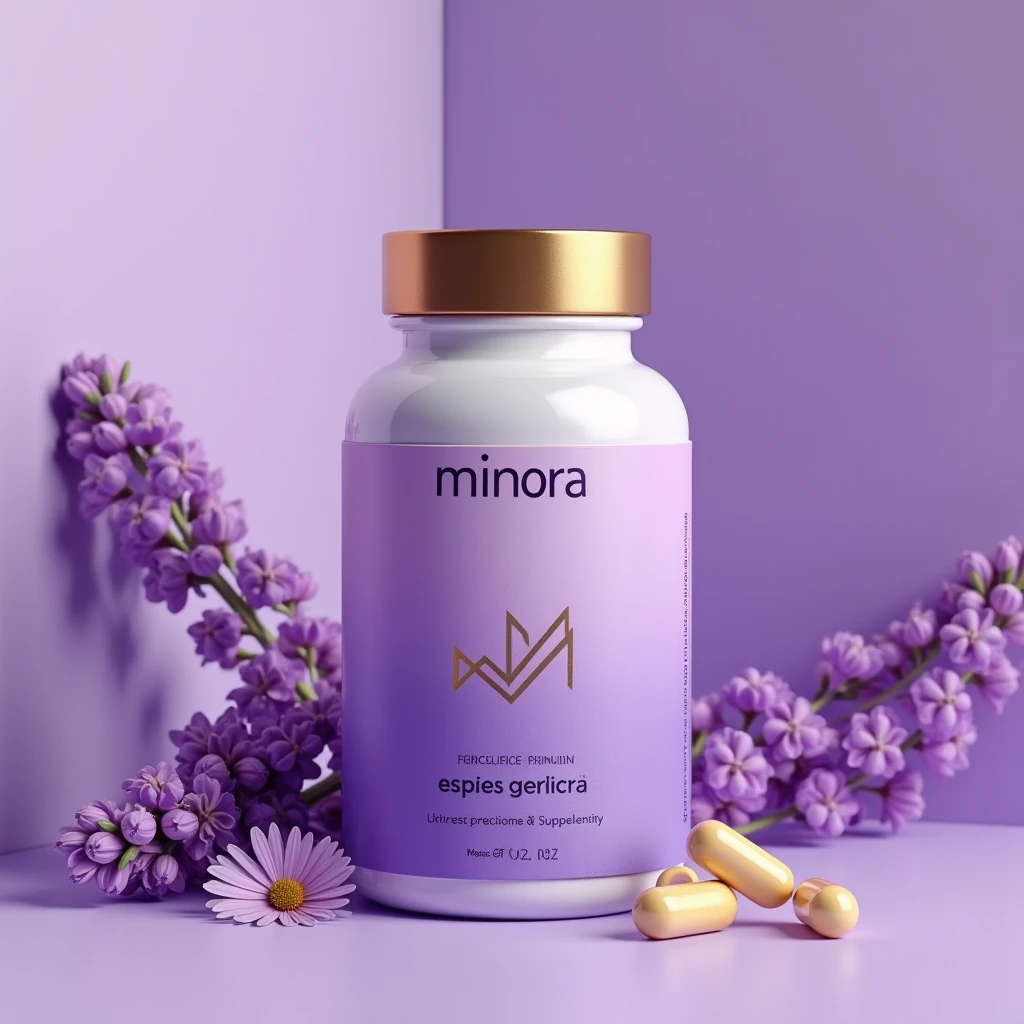 Minora supplement bottle with gradient label and gold cap